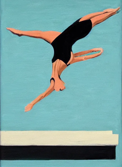 Image similar to acrylic painting on wood of a woman diving from a high diving board into a pool. mid - drive. medium distance. teal, white, black and grayscale. simple. flat. vintage, mid - century modern.