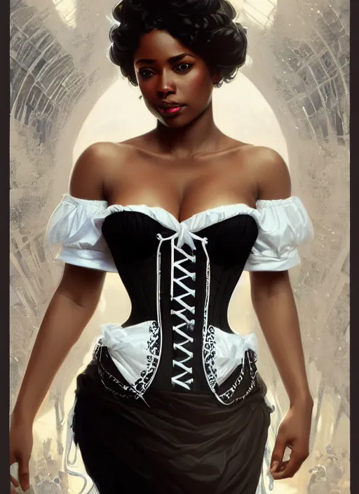 Image similar to cute black woman wearing a white corset dress, fantasy, intricate, highly detailed, digital painting, artstation, concept art, wallpaper, smooth, sharp focus, illustration, art by artgerm and greg rutkowski and alphonse mucha