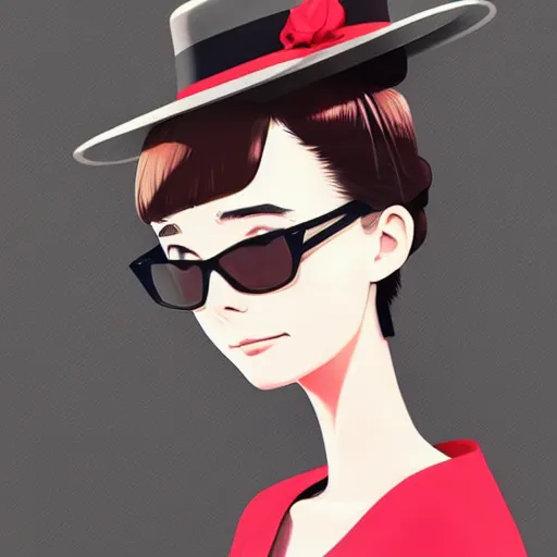 Prompt: beautiful anime version of audrey hepburn with hat and sunglasses drawn by ilya kuvshinov