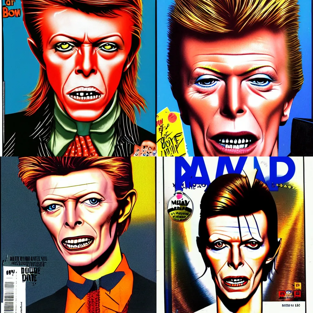 Prompt: david bowie high definition face portrait in mad magazine by don martin