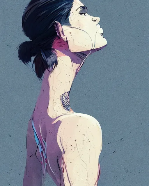 Image similar to a ultradetailed beautiful back painting of a stylish woman with white hair in a short pony tail, she is wearing jeans, by conrad roset, greg rutkowski and makoto shinkai trending on artstation