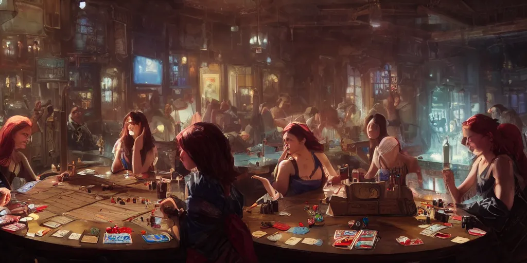 Prompt: Women playing board games at the bar, Greg Rutkowski, Frank Miller, trending on Artstation, 8K, ultra wide angle, establishing shot, pincushion lens effect, zenith view