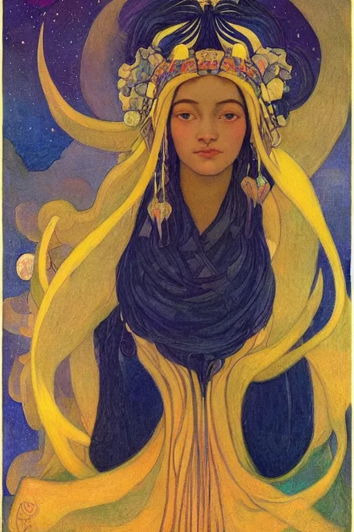 Image similar to girl with stars in her hair by Nicholas Roerich and Annie Swynnerton and Diego Rivera and jean delville, dramatic cinematic lighting , ornate headdress , flowing robes, sacred artifacts, lost civilizations, smooth, sharp focus, extremely detailed