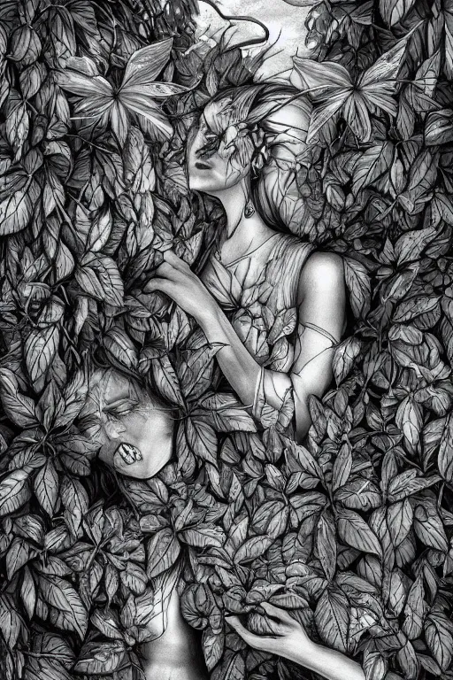 Prompt: plant fairy | digital painting | highly detailed | ultra realistic | dark fantasy | vivid colors | cinematic atmosphere | hyper detailed | black and white | strong lines