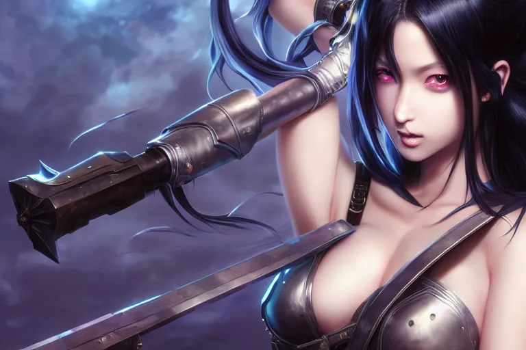 Prompt: extremely beautiful aesthetic girl with ego weapons, black long hair, occlusion shadow, specular reflection, rim light, unreal engine, octane render, artgerm, artstation, art by hiroaki samura and jiro matsumoto and yusuke murata, high quality, highly detailed 8 k, fantasy illustration, beautiful shape of face and body, epic scene