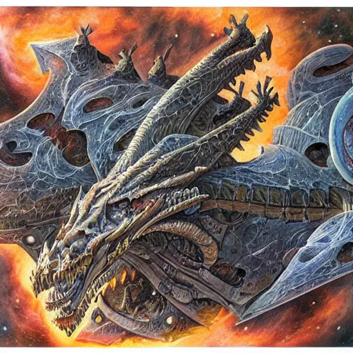 Prompt: a dragon skeleton in outer space, Dan Seagrave art