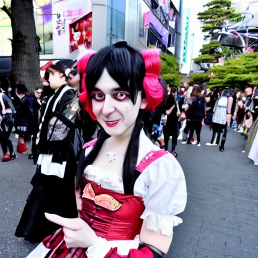 Image similar to cute looking martin shkreli wearing gothic lolita dress photographed at harajuku tokyo street fashion event,