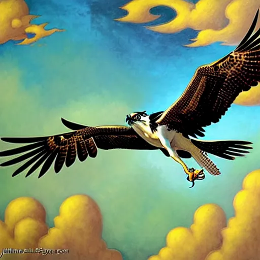 Prompt: An osprey in flight by Julie Dillon. Art nouveau.