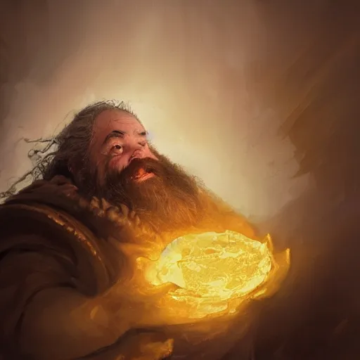 Prompt: portrait of an excited dwarf hugging the humongous raw, unrefined gold nugget, lump of native gold, realistic, beautiful eyes, fantasy art, dnd, lord of the rings, mid - shot, moody lighting, by greg rutkowski, wlop, artgerm, concept art, sharp focus, ray tracing