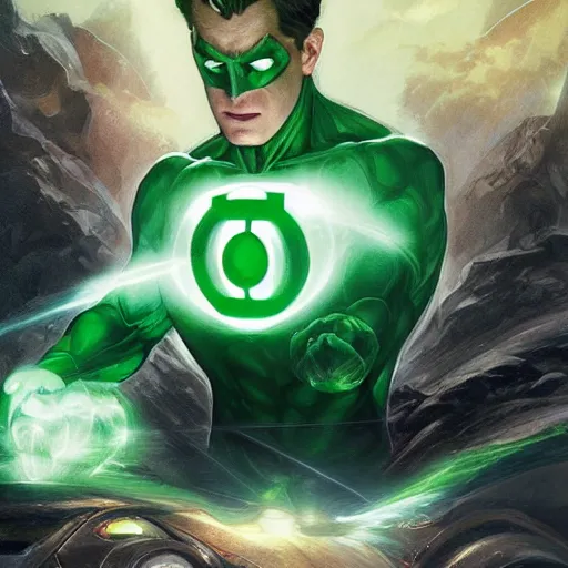 Image similar to Green Lantern summoning a car, artists portrait, fantasy, highly detailed, digital painting, concept art, sharp focus, depth of field blur, illustration, art by artgerm and greg rutkowski and alphonse mucha