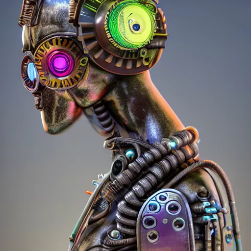 Prompt: a broncestatue of a dieselpunk aztec futuristic robot head wearing brain sensors with multicolored tubes, 8 k, front shot, symetrical, flourescent colors, halluzinogenic, multicolored, insanely detailed, front shot, 3 d render, octane