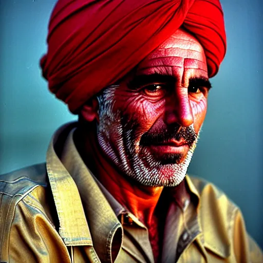 Image similar to portrait of jeffrey epstein as afghan man, green eyes and red turban looking intently, photograph by steve mccurry