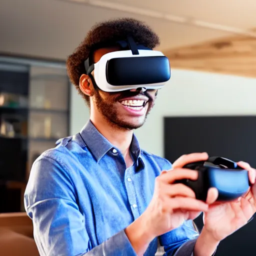 Prompt: young man using vr glasses to get into the metaverse, smiling