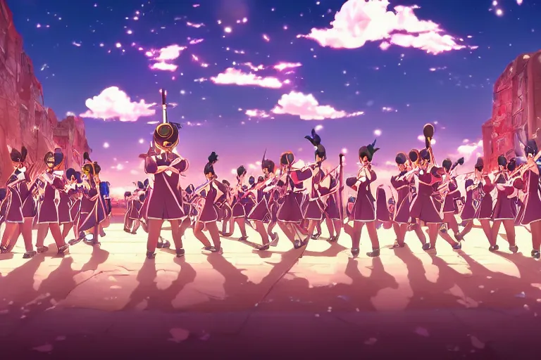 Image similar to anime key visual of a marching band in the middle of a fantasy city in the style of studio ghibli, moebius, makoto shinkai, dramatic volumetric lighting