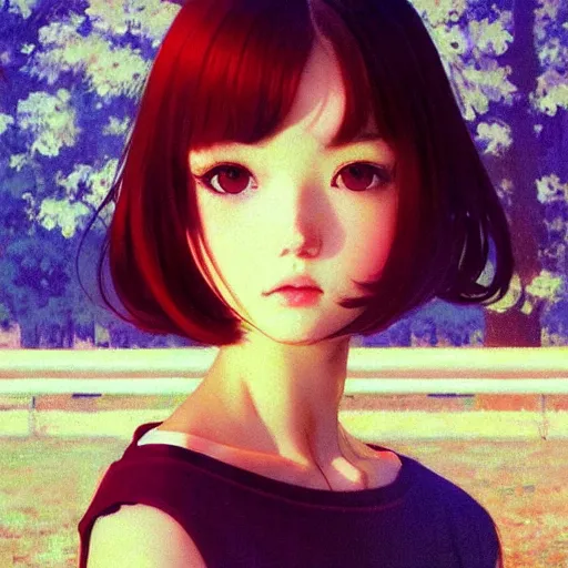 Image similar to beautiful photography, youth teen miserable loner girl, focus close on detesting eyes, soft skin, seventies giallo film by ilya kuvshinov monet range murata artgerm katsuhiro otomo norman rockwell, highly detailed intricately sharp focus, bedroom eyes trending on pinterest vogue italia 3 5 mm, 4 k uhd image