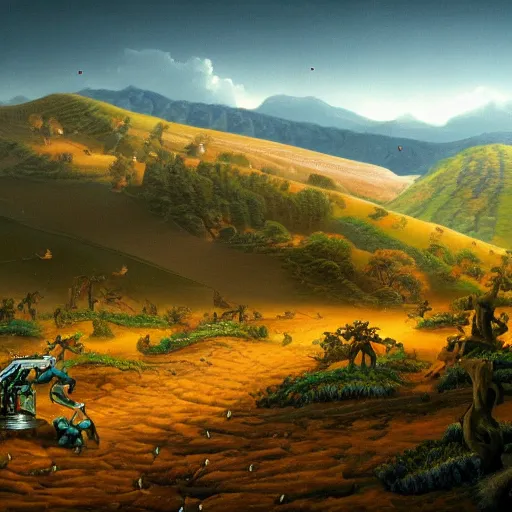 Image similar to a landscape painting of hills covered in robotic ants, painting, highly detailed