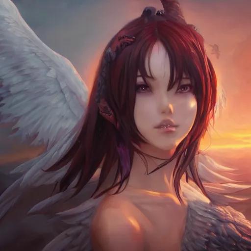 Image similar to an oil painting of a beautiful anime girl with demonic wings, by artgerm, wlop and greg rutkowski, hd, hdr, ue 5, ue 6, unreal engine 5, cinematic 4 k wallpaper, 8 k, ultra detailed, high resolution, artstation, award winning