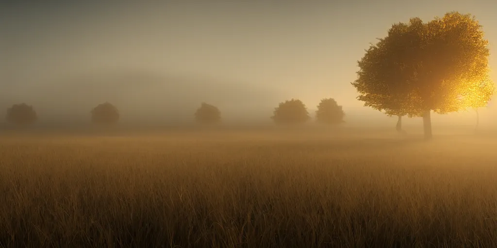 Prompt: Dutch moor field, blanket of fog, volumetric lighting, beautiful, golden hour, sharp focus, ultra detailed, cgsociety