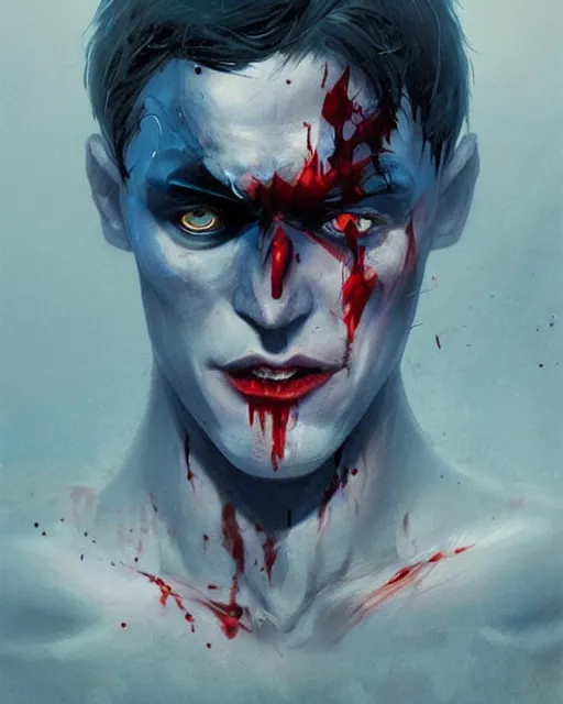 Image similar to character portrait of a slender young batman with blood stains in his face, piercing bright blue eyes, and pale skin, by greg rutkowski, mark brookes, jim burns, tom bagshaw, trending on artstation