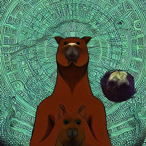 Image similar to capybara as an eldritch cosmic horror, horrific background, lovecraft, art by Junji Ito
