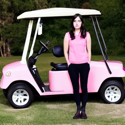 Prompt: april ludgate standing in front of a pink golf cart