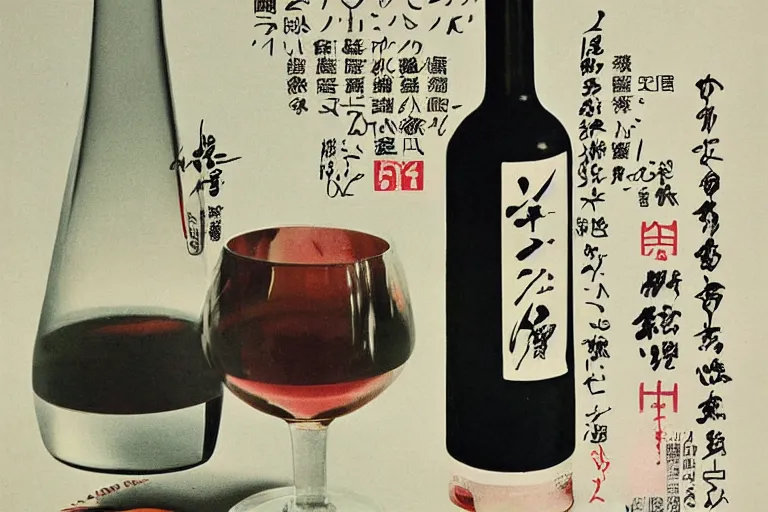 Prompt: wine bottle and glass and rose on table, 1 9 7 0 s japan shouwa advertisement, nostalgic