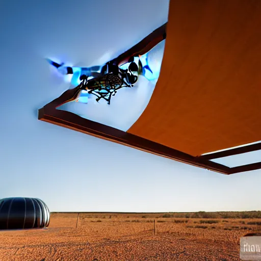 Image similar to flying robotic drone 3d printer, giant extrusion nozzle printing an earthship house frame in the australian desert, XF IQ4, 150MP, 50mm, F1.4, ISO 200, 1/160s, dawn