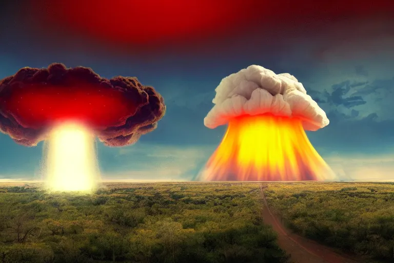 Prompt: nuclear explosion, mushroom cloud in the distance, shockwave rips across the land, cinematic