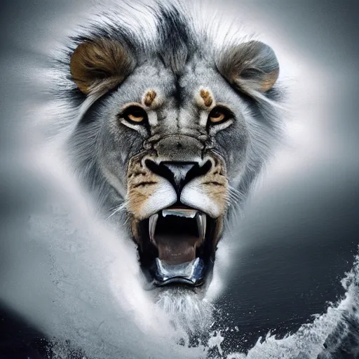 Image similar to a male lion's face breaching through a wave, stormy weather, ocean sprites, closeup of face, trending on artstation, dark lighting, face encircled by ocean wave