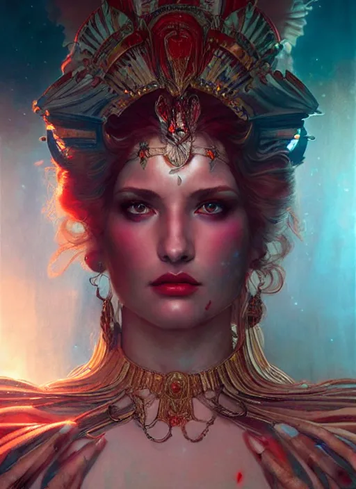 Image similar to the goddess hera looking angry, paper armour, volumetric lights, red and cyan theme, dystopian, intricate, elegant, highly detailed, digital painting, artstation, concept art, smooth, sharp focus, symmetric face, illustration, art by artgerm and greg rutkowski and alphonse mucha