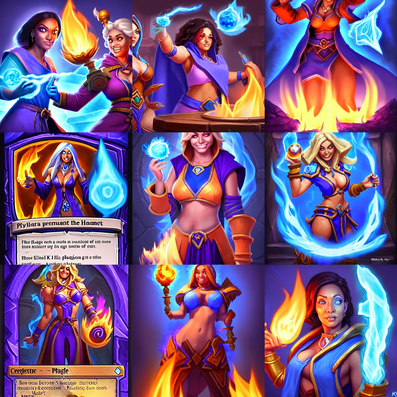 Prompt: Who : a mage with a blue robe casting a fire ball; Physical : Ella Knox & Beverly Paige exact same body ; IMPORTANT : Hearthstone official splash art, award winning, trending on Hearthstone characters art