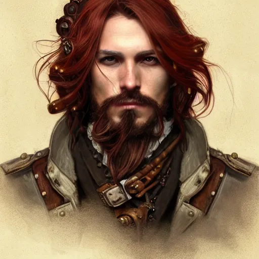 Image similar to portrait of a young rugged steampunk pirate, male, handsome, masculine, full body, red hair, long hair, soft hair, fantasy, intricate, elegant, highly detailed, steampunk, airship, digital painting, artstation, concept art, character art, smooth, sharp focus, illustration, art by artgerm and greg rutkowski and alphonse mucha