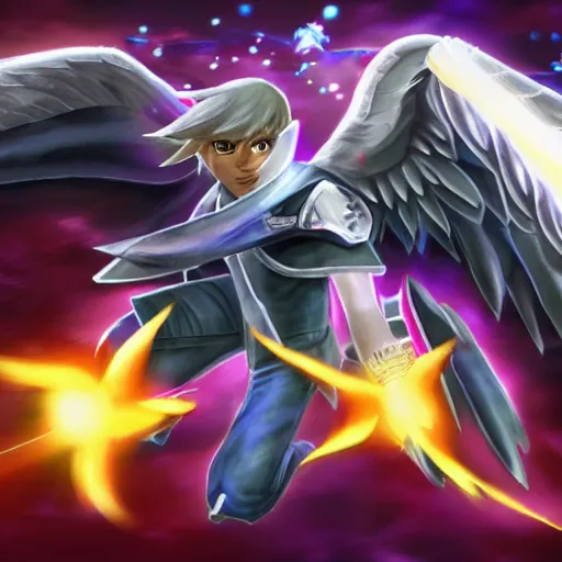 Prompt: Gabriel kaburaya with angel wings with glowing eyes grinning on the final stage of super smash bros Brawl, digital art, evil