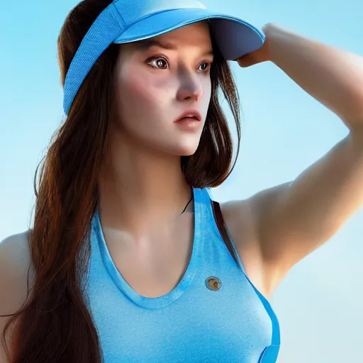 Prompt: photo of a gorgeous caucasian female with long brown hair with light blue ends in the style of stefan kostic, tank top, visor, realistic, cyberpunk, body shot, sharp focus, 8 k high definition, insanely detailed, intricate, elegant, art by stanley lau and artgerm, floating embers