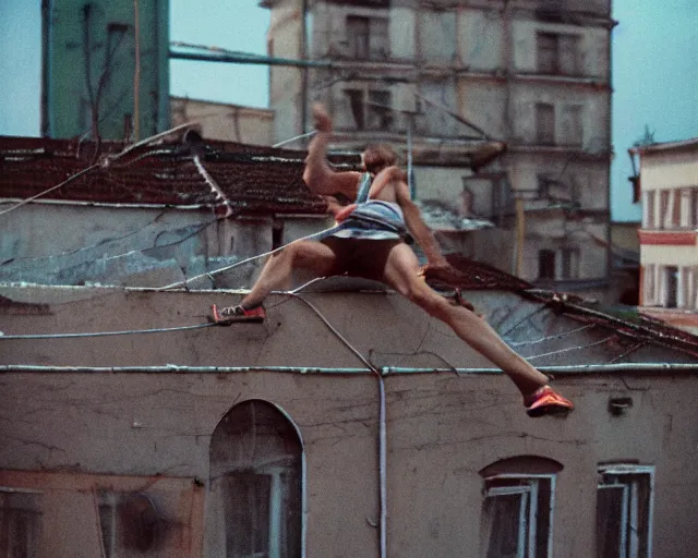 Image similar to lomo photo of roofjumpers climbing on roof of soviet hrushevka, small town, cinestill, bokeh, out of focus