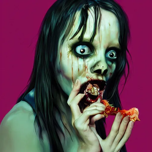 Image similar to zombie christina ricci eating a clove of garlic, art by beeple