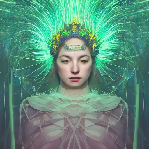 Prompt: tapping in to something greater, piles of modular synth cables, goddess portrait wearing a big headpiece in a mystical glowing forest in the style of wlop, stanley kubrick, masamune, unique perspective, eastman color, perfect details, trending on artstation, 3 d render, smooth render, green and blue palette, wlop