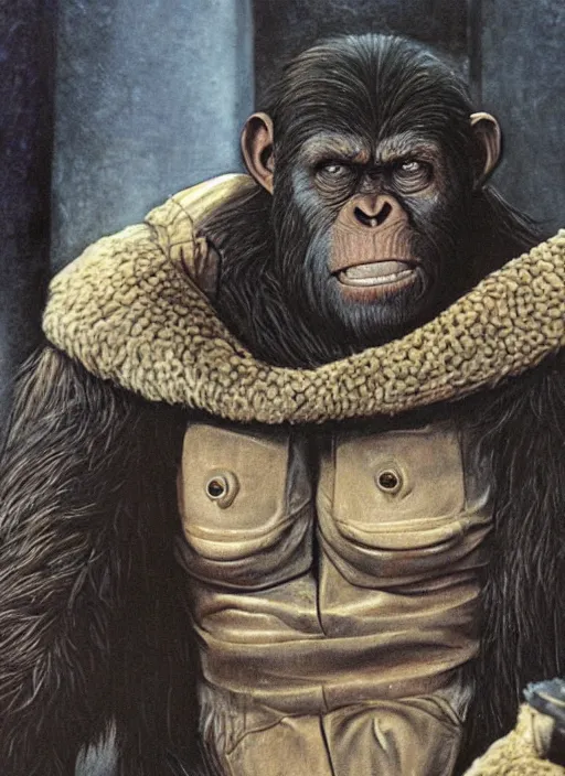 Image similar to portrait of Cornelius from Planet of the Apes (1968) in The Thing (1982), highly detailed, centered, solid color background, digital painting, artstation, concept art, smooth, sharp focus, illustration, artgerm, donato giancola, Joseph Christian Leyendecker, Les Edwards, Ed Repka, WLOP, Artgerm