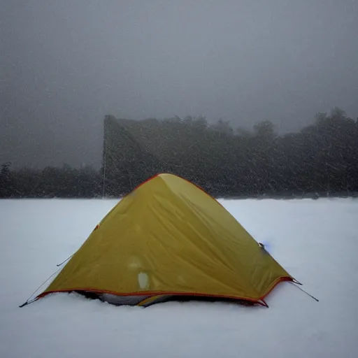 Image similar to tent, camping on top of a tower, in an ice storm, hyperrealism