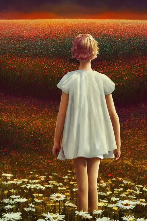 Image similar to giant white daisy flower head, girl standing in a flower field, surreal photography, sunrise, dramatic light, impressionist painting, colorful clouds, digital painting, artstation, simon stalenhag