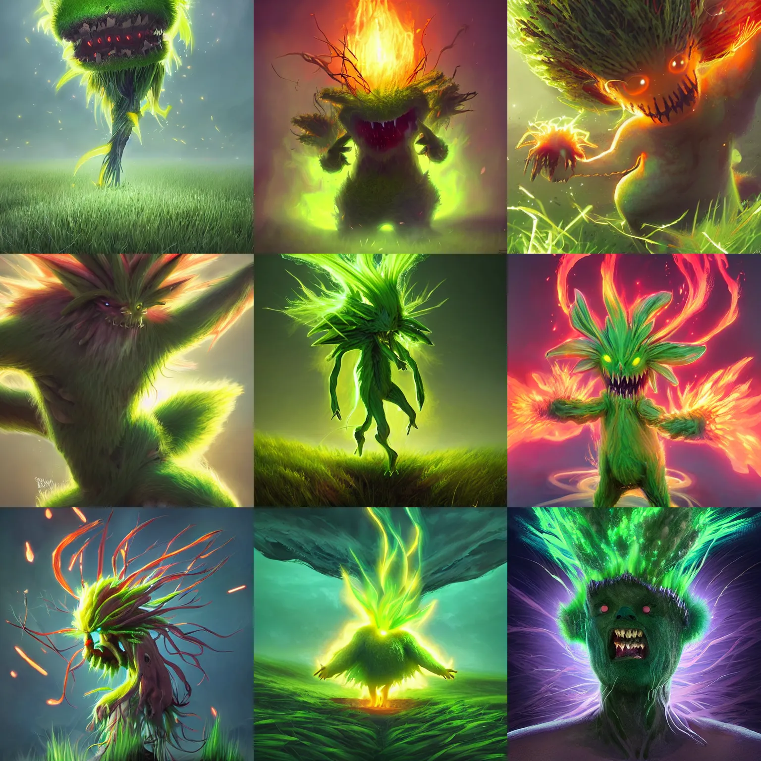 Prompt: a scary grass type pokemon, green fire bursting out of his hair, highly detailed digital art, 3 d perspective, award - winning illustration, aesthetic, smooth, pokemon style, made by yuka morii and greg rutkowski