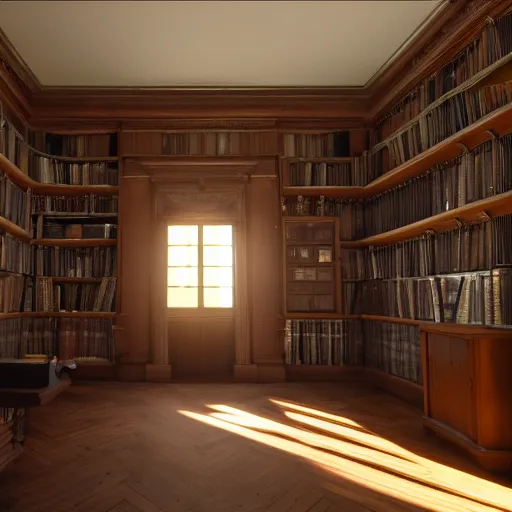 Image similar to inside a victorian dining room with bookcases on the walls, sunlight shines through the windows and produces rays of light in the dust ray traced unreal 5, ultra details
