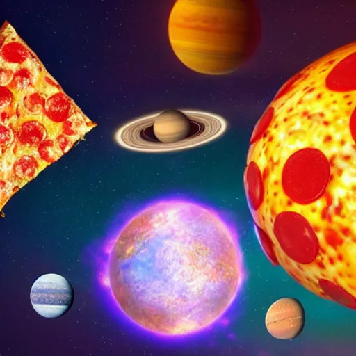 Prompt: the entire beautiful solar system with pizza instead of planets, artstation, hyperrealistic, digital art, octane render, cinematic lightning, Nvidia omniverse, unreal engine 5, highly detailed, vivid colors