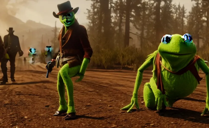 Prompt: kermit the frog in red dead redemption 2, cinematic shot