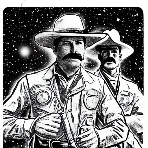 Image similar to hand drawn image of wyatt earp and doc holliday standing on the deck of a spacecraft, inspired by the movie interstellar, high detail