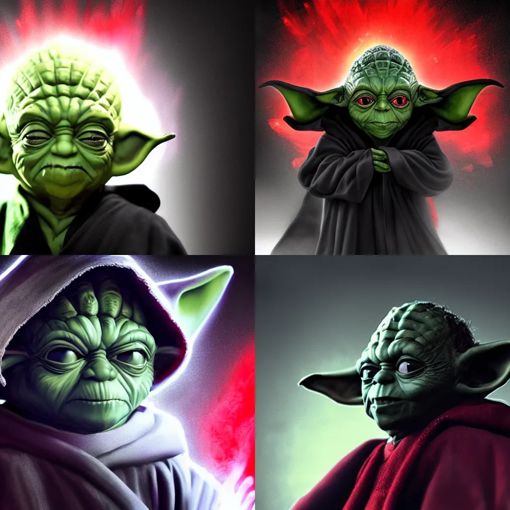 Prompt: corrupted Yoda from Starwars in a black robe with a hood covering his head, black and red colors, particle effects, evil smile, crazed look in his eyes, head tilyed forward, character concept, cinematic lighting, cinematic composition, depth of field, award-winning