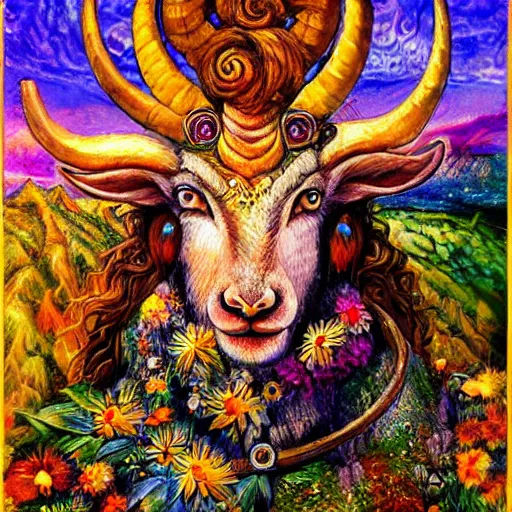 Image similar to horned ram goddess aries by josephine wall, trending on artstation, checking her phone, erupting volcano in distance, flowers in foreground, sunset, stars in sky, fantasy, zodiac, 8 k