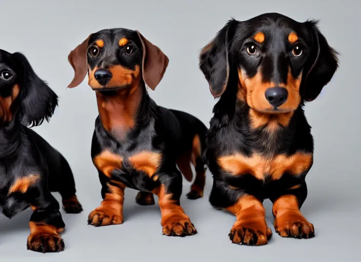 Image similar to a short - haired brown dachshund and an all black cavalier king charles, 5 0 mm