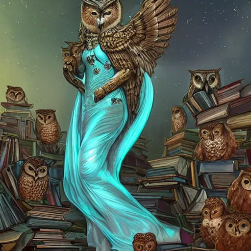 Image similar to a portrait of alexandra breckenridge as the goddess minerva surrounded by stacks of books, and owls, bioluminescent gown with deep level of detail of esoteric symbols, urban motifs, intricate, elegant, highly detailed, digital painting, trending on artstation, concept art, smooth sharp focus, illustration, art by artgerm and greg rutkowski