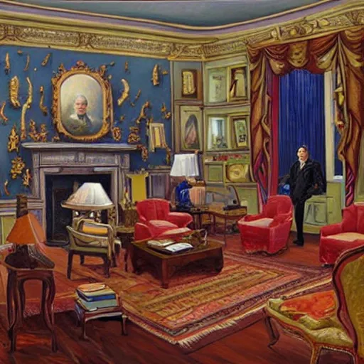 Image similar to a surreal, very very detailed painting of a living room where the floor, the walls, and everything else covered in hillary clinton's face